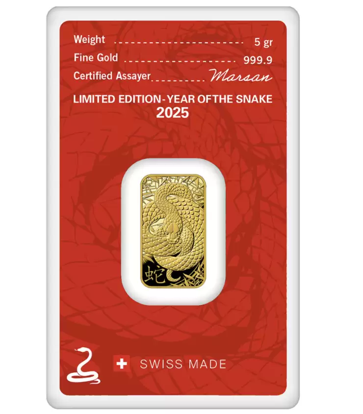  5g Heraeus Lunar New Year Snake 2025 Gold Minted Bar